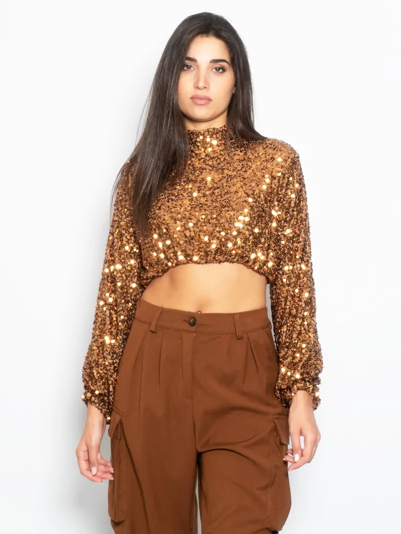 Long-Sleeve Caramel Sequin Crop Top 1