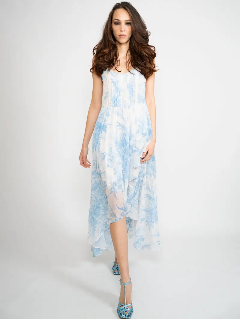 Long White-And-Blue Floral Dress 1