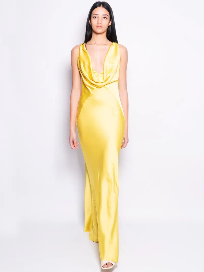 Long Yellow Satin Dress 1