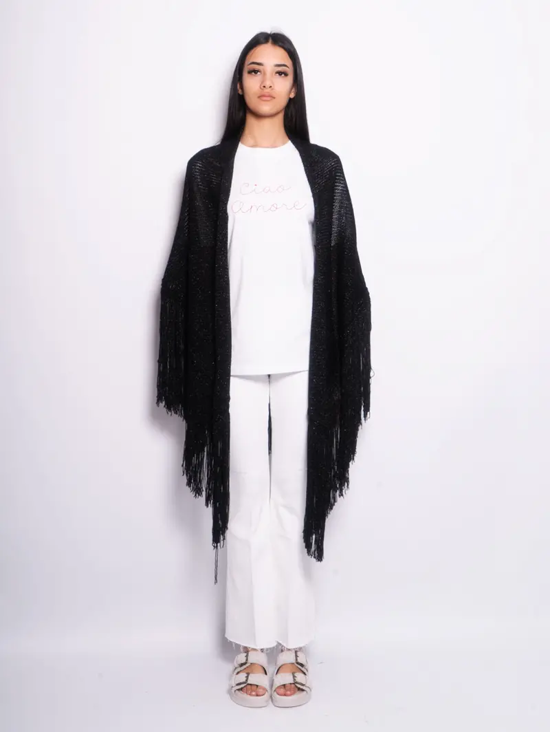 Matte Black Fringed Lurex Knit Shawl 1