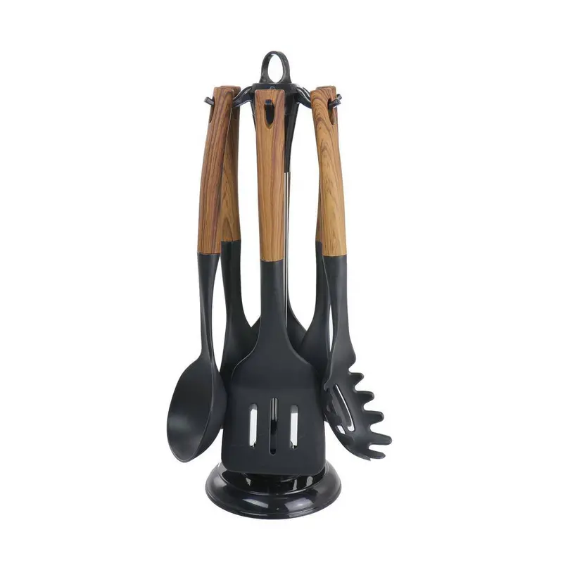 Megachef 7-Piece Black Nylon Utensil Set With Wood-Grain Accents 1