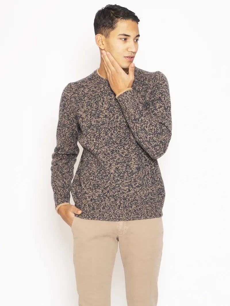 Melange Crew-Neck Sweater – Navy & Camel 1
