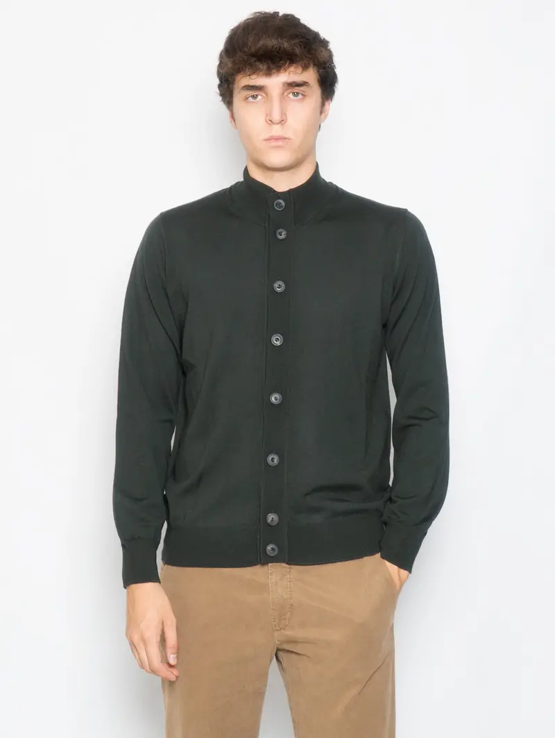 Merino Wool Button-Front Cardigan In Forest Green 1