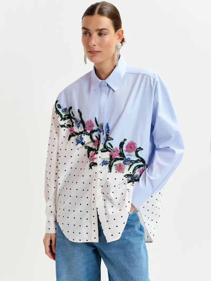 Multicolor Paillette-Embellished Sky Blue Polka Dot Cotton Shirt 1