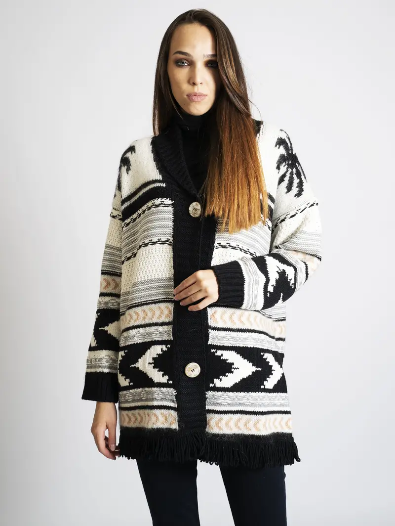 Multicolor Palm And Stripe Jacquard Cardigan 1