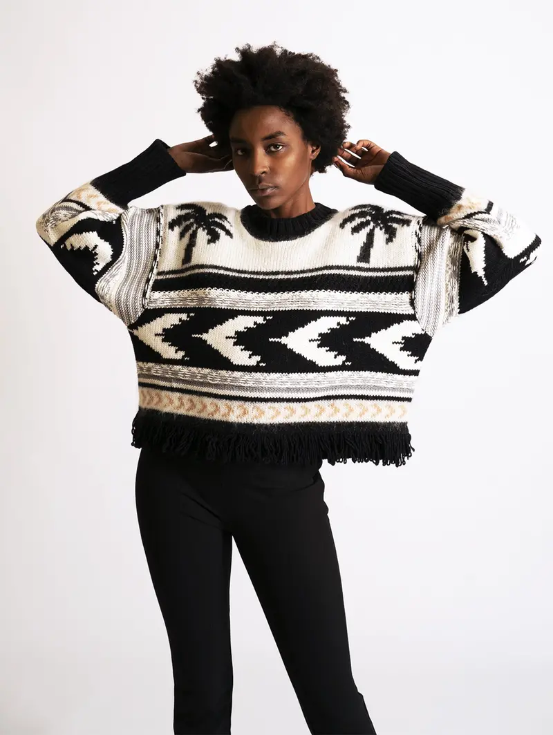 Multicolor Palm And Stripe Jacquard Knit Sweater 1