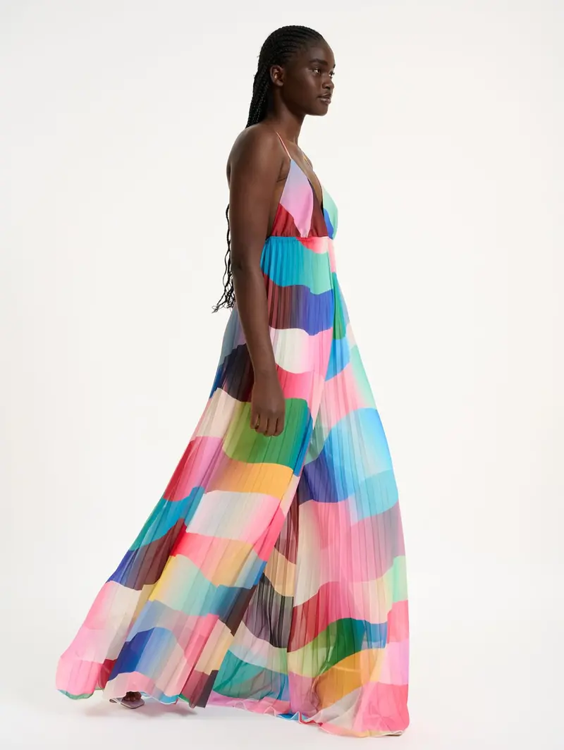 Multicolor Pleated Jumpsuit With V-Neck 1