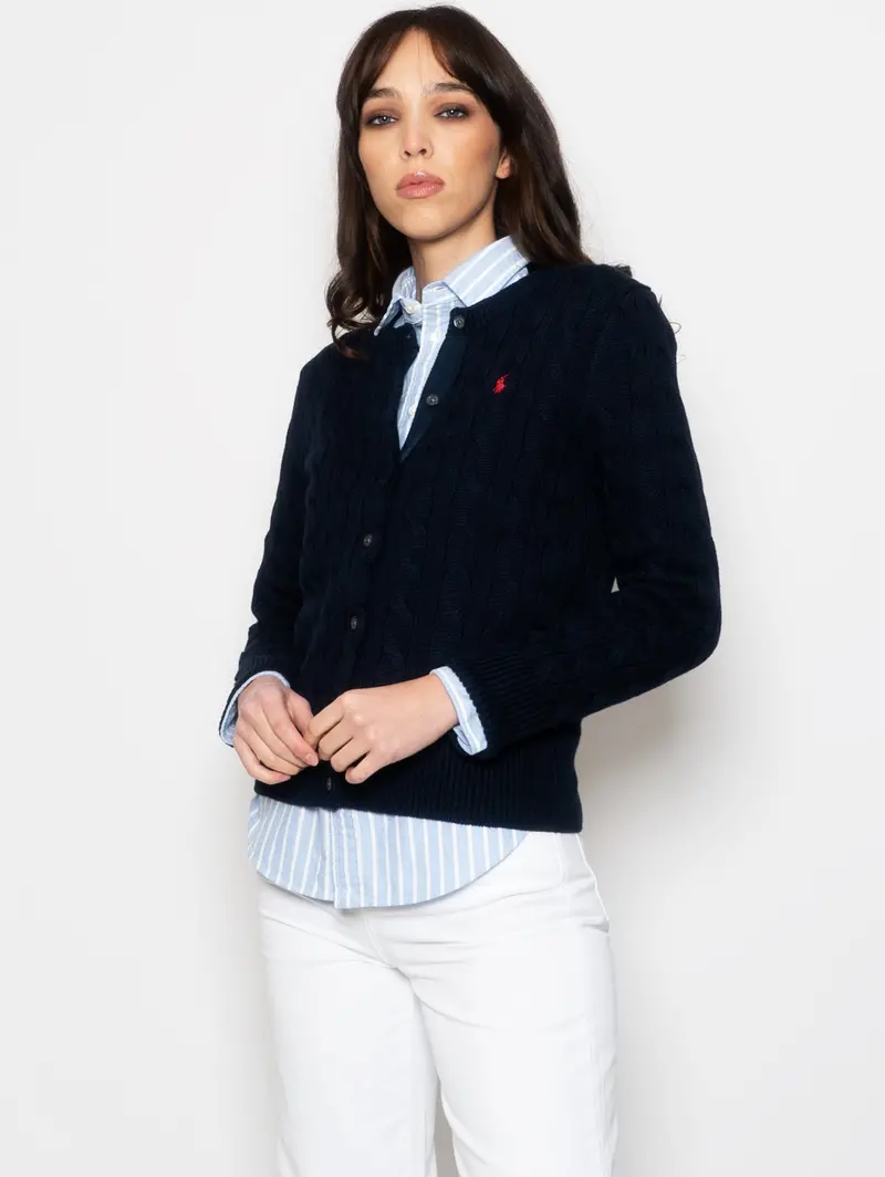 Navy Blue Cable-Knit Cardigan For Men 1