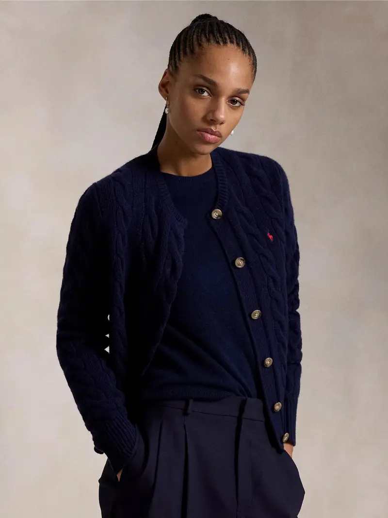 Navy Cable-Knit Cashmere-Blend Cardigan 1