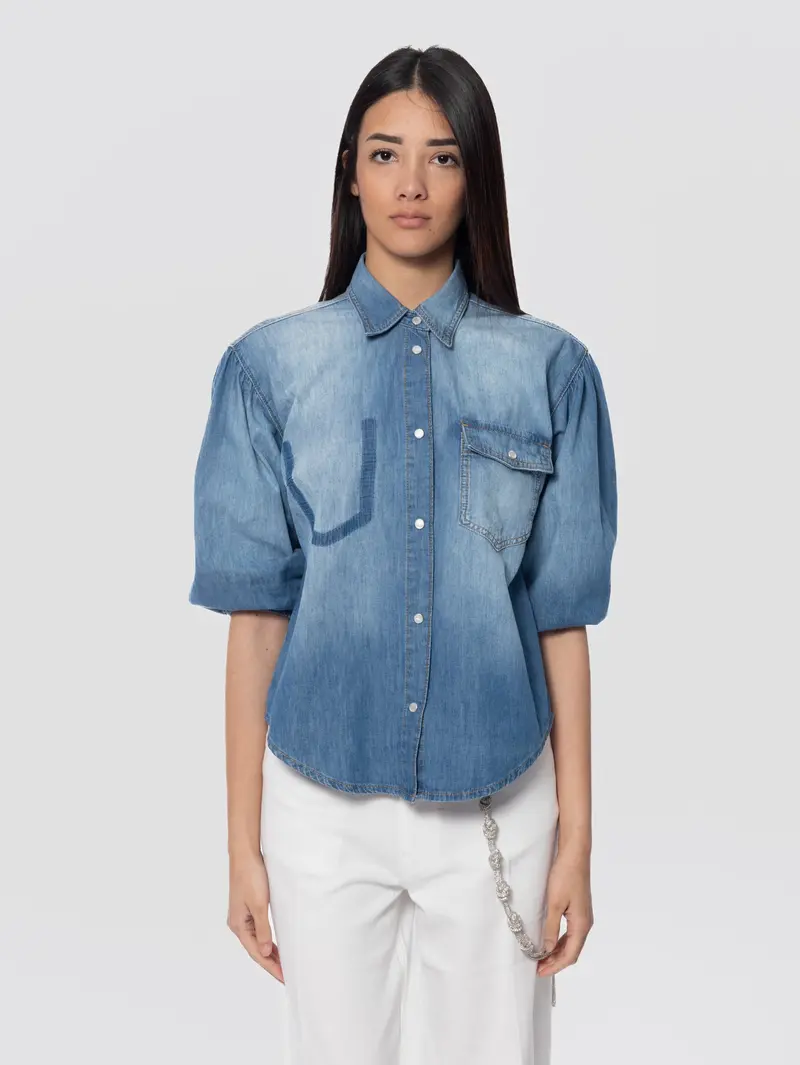 Navy Denim Shirt With Balloon Sleeves 1