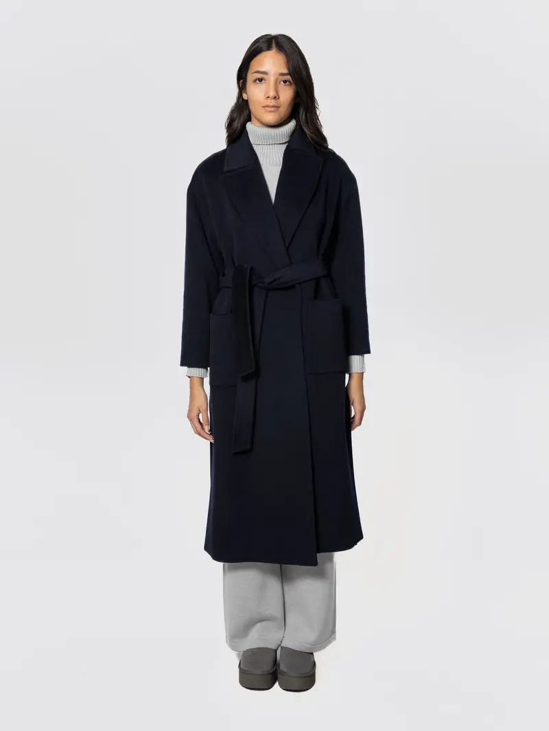 Navy Long Wool Coat With Concealed Button Detail 1