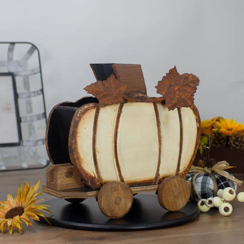 Northlight Wooden Pumpkin Cart Decoration – 10.5 In. Fall Harvest Tabletop Centerpiece 1
