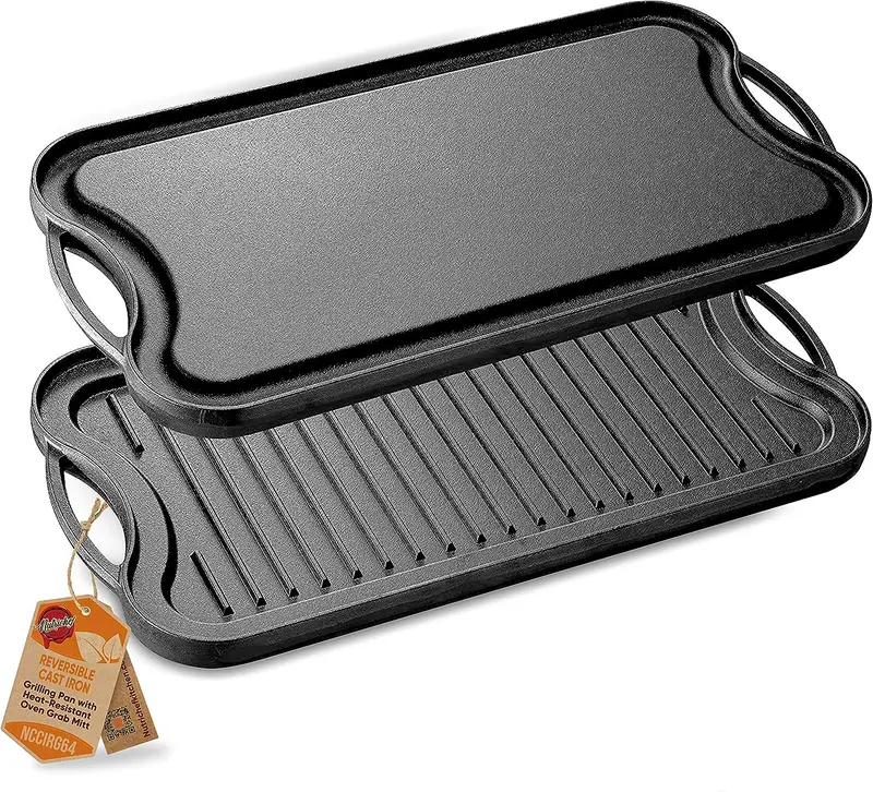 Nutrichef Reversible Flat Grill Plate – 19.96-Inch Cast Iron Griddle With Built-In Scraper Tool 1