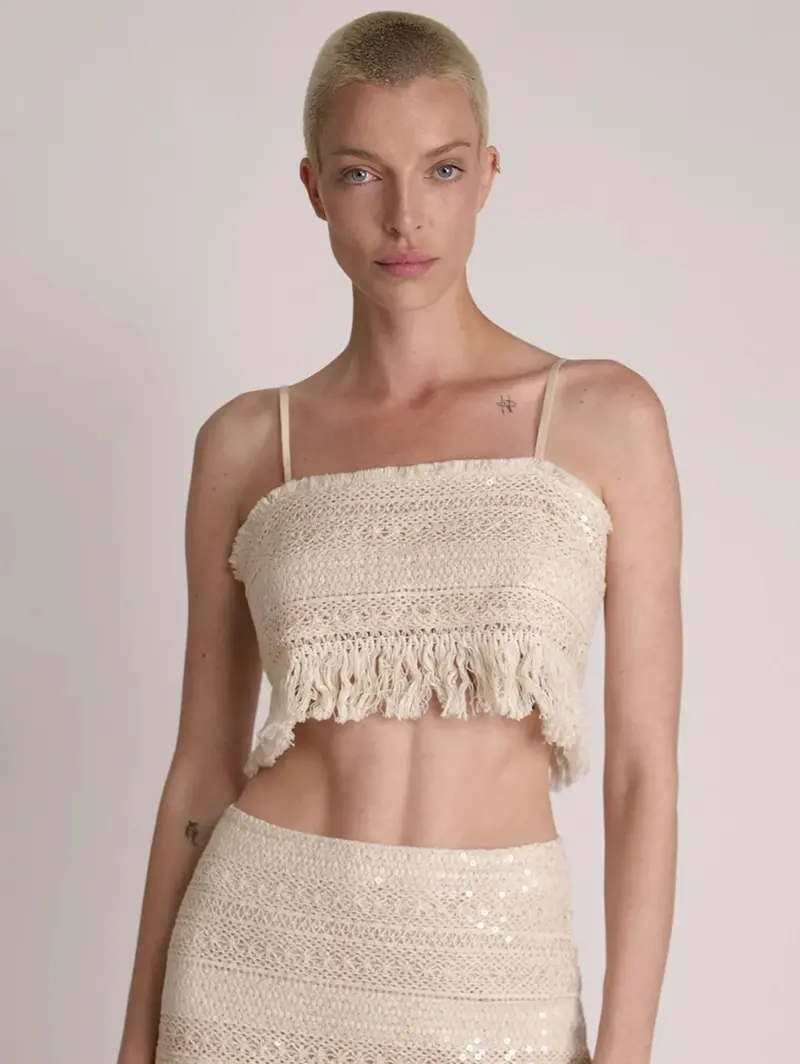 Oatmeal Cropped Lace-And-Paillette Top 1