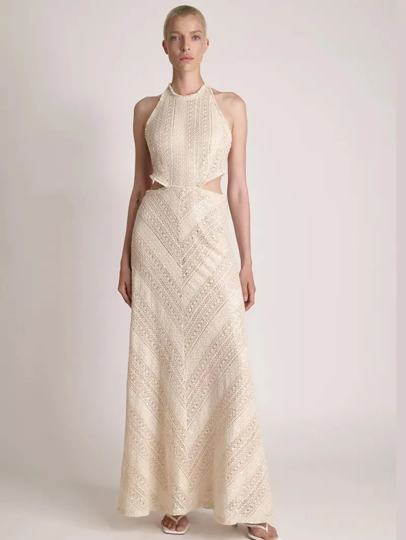 Oatmeal Long Lace-And-Paillette Dress 1