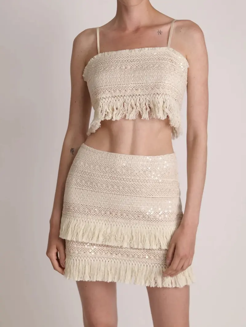 Oatmeal Mini Skirt In Lace And Paillettes 1
