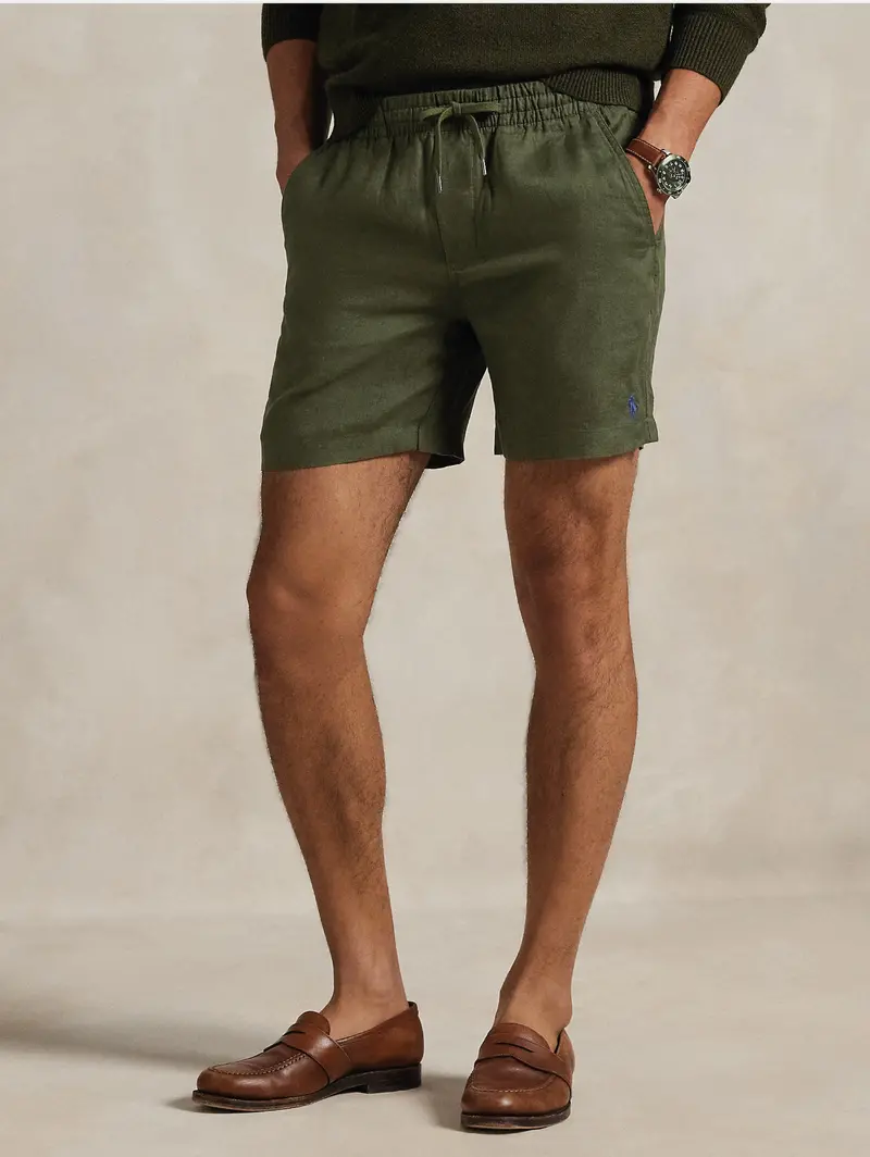 Olive Green Linen Elastic-Waist Bermuda Shorts 1