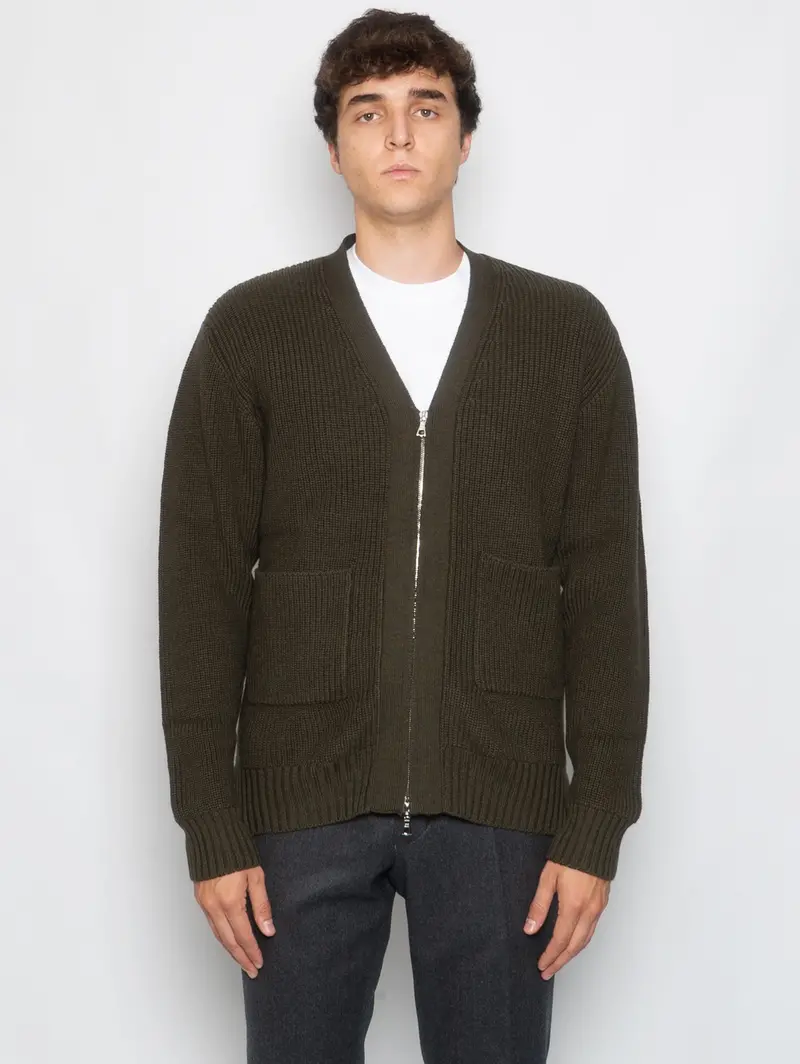 Olive Rib-Knit Zip-Up Cardigan 1