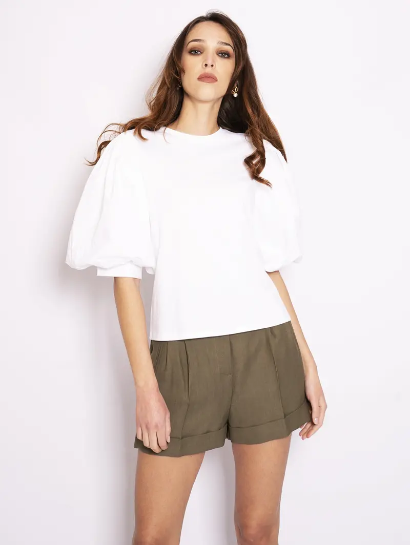 Optic White T-Shirt With Balloon Sleeves 1