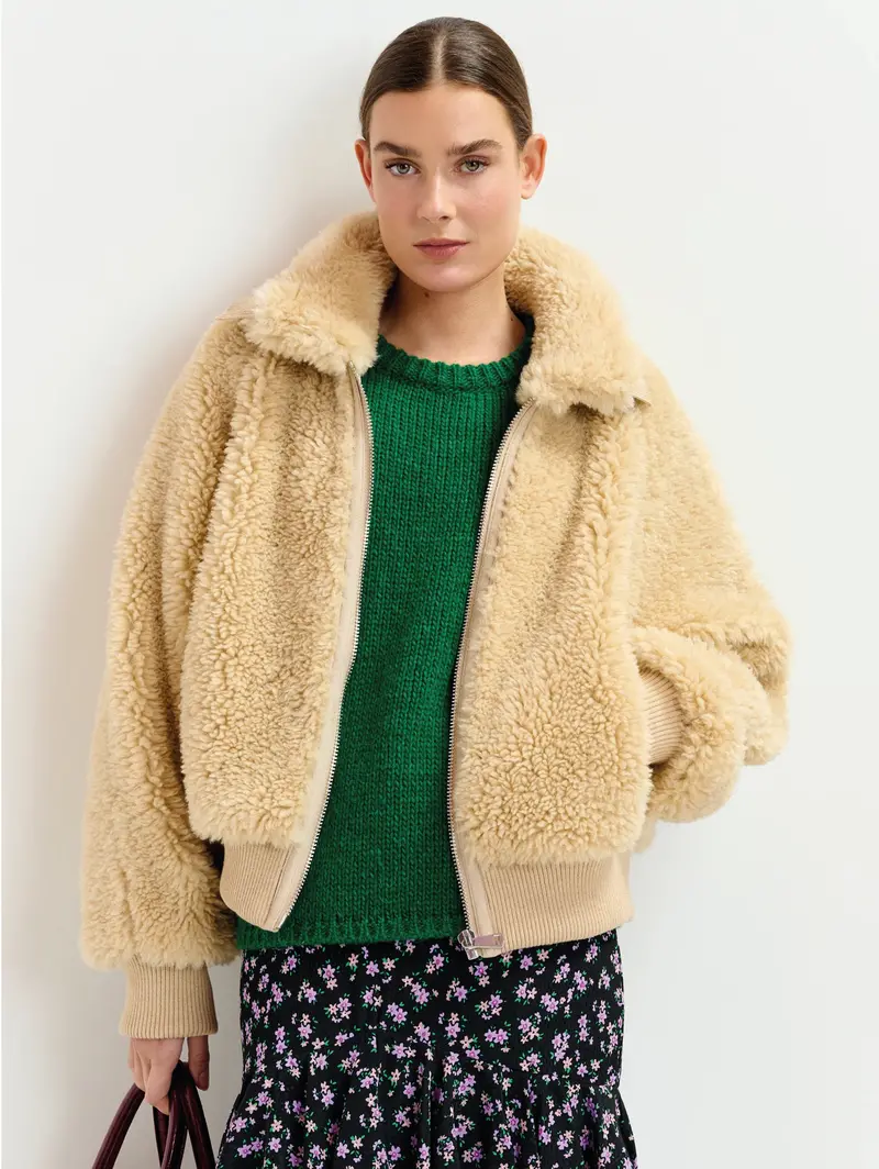 Oversized Faux Shearling Bomber Jacket – Warm Beige Tone 1