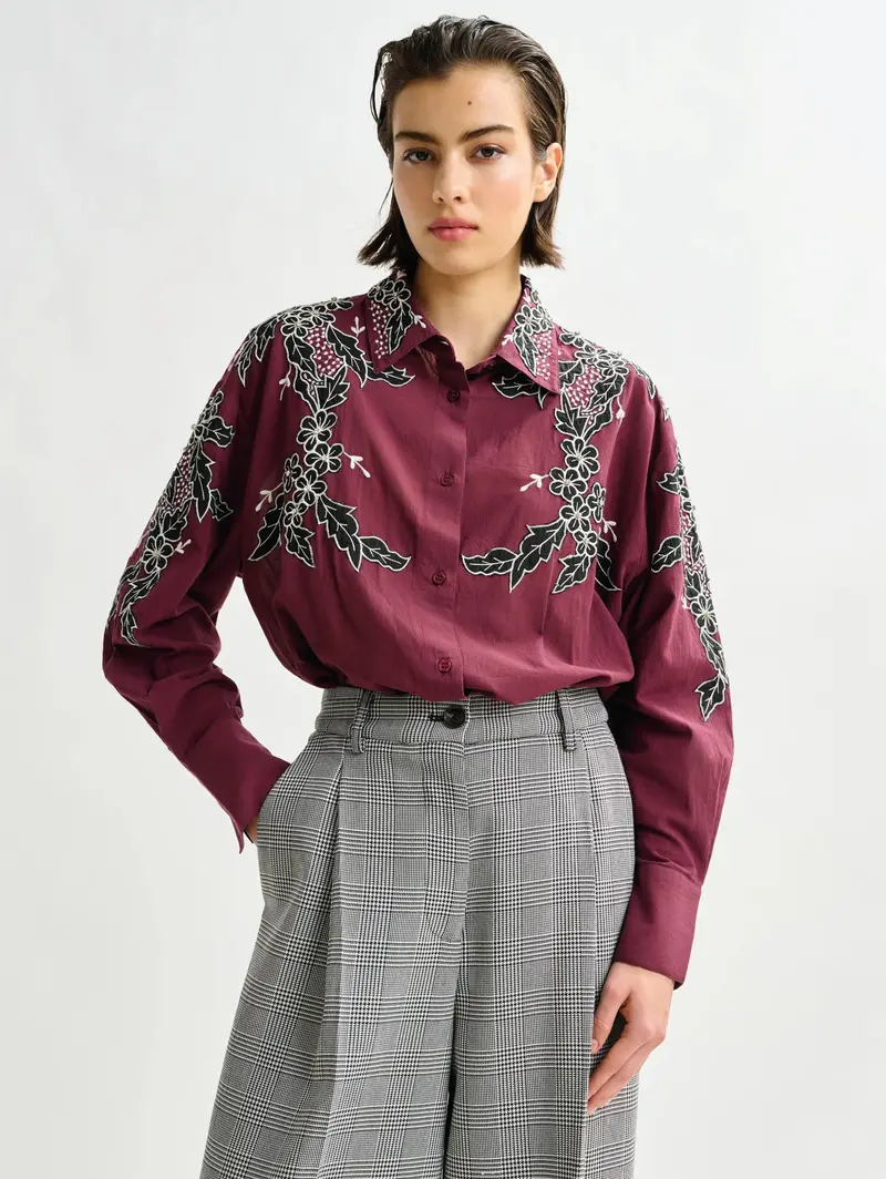 Oversized Floral-Embroidered Shirt – Rich Bordeaux Hue 1