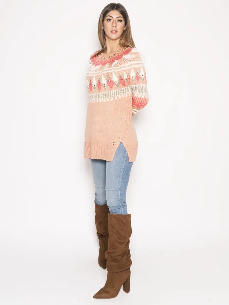 Oversized Pink Embroidered Feather-Trim Sweater 1