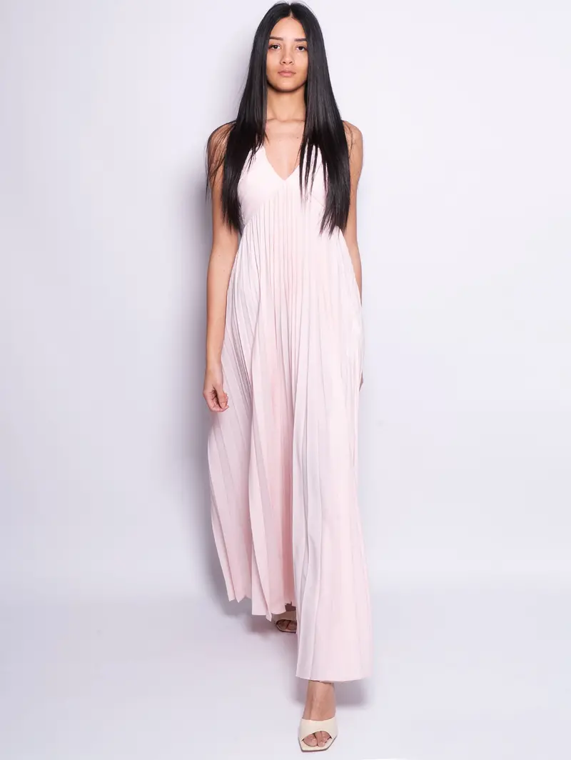 Peach-Colored Pleated Long Dress With Front Cross Detail 1