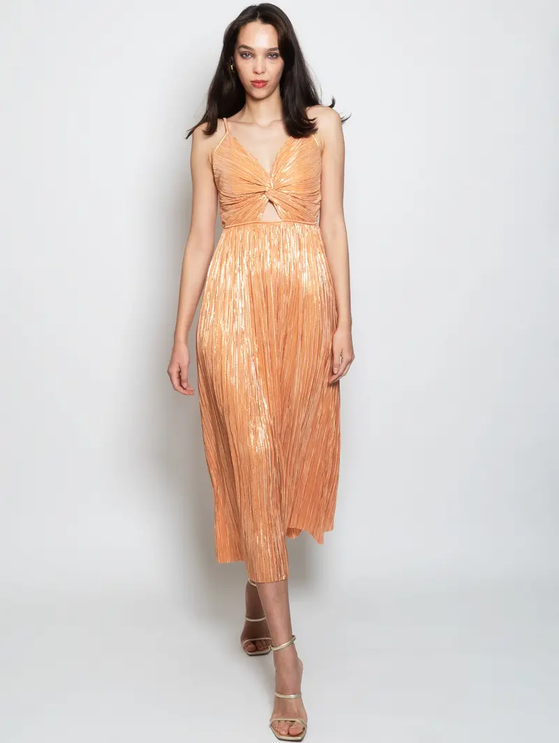 Peach Pleated Midi Dress – Lightweight Textured Silhouette 1