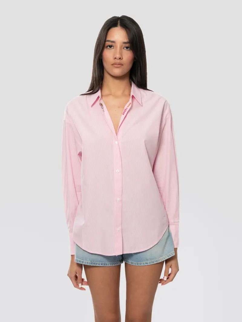 Pink-And-White Striped Embroidered Shirt 1
