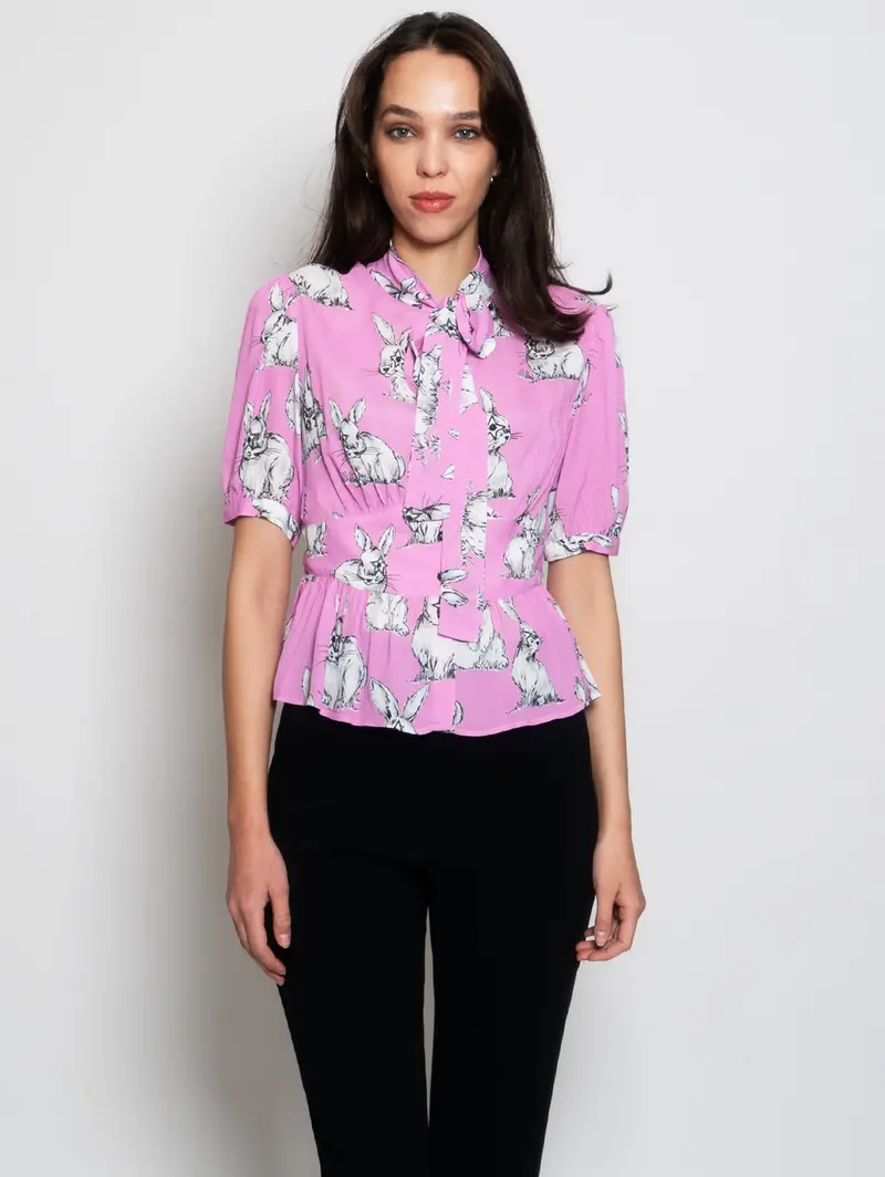 Pink Rabbit-Print Linen Shirt 1