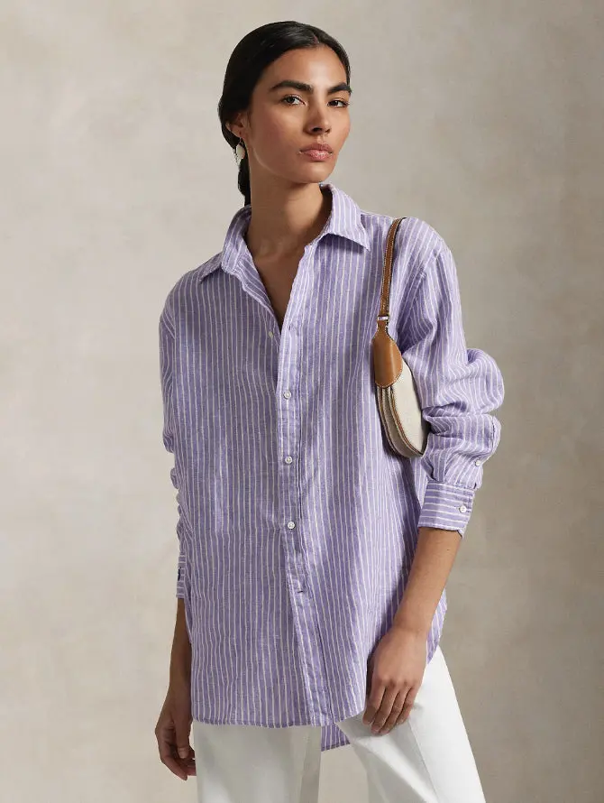 Purple-And-White Striped Linen Classic-Fit Shirt 1