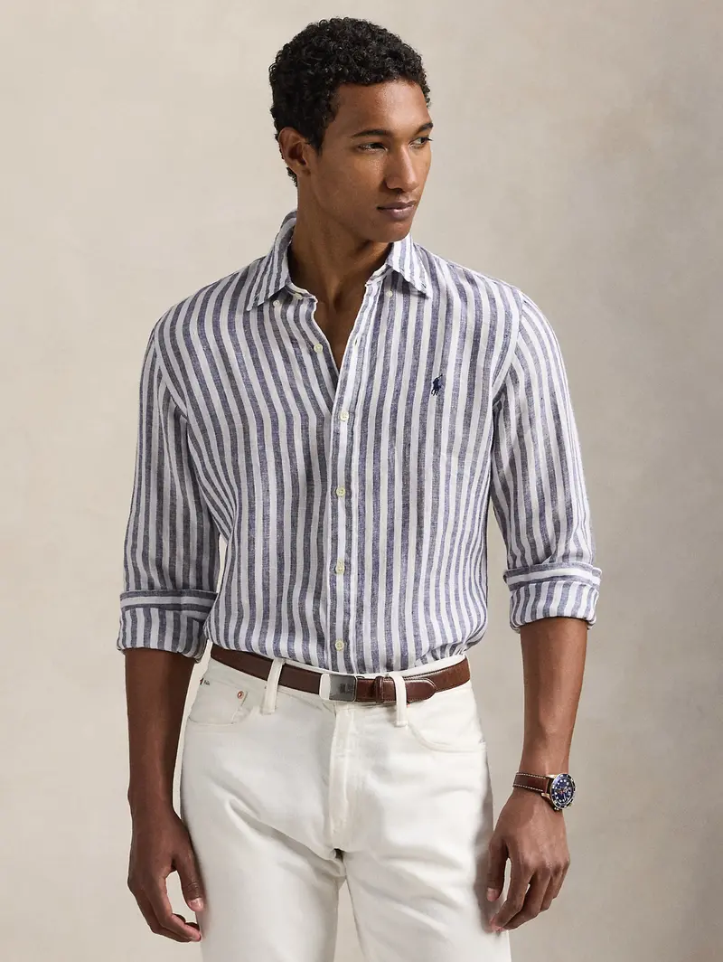 Purple-And-White Wide-Stripe Custom-Fit Linen Shirt 1