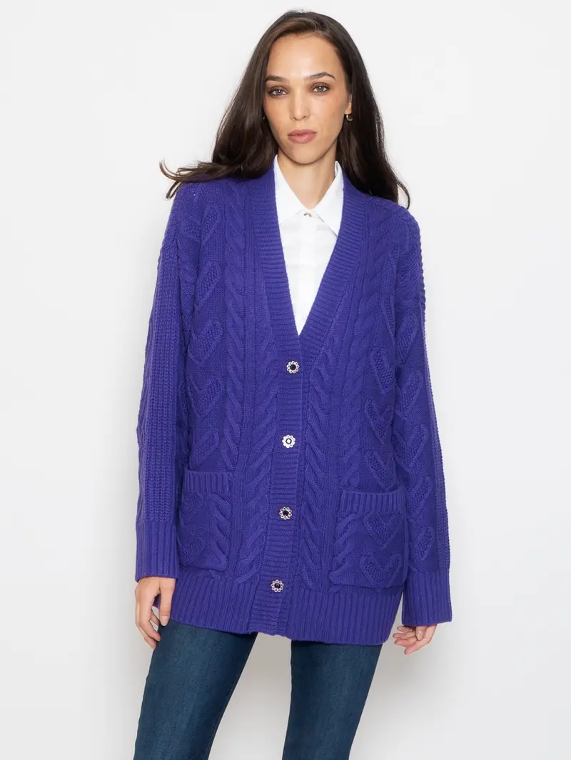 Purple Long Cardigan With Jewel-Button Closure 1