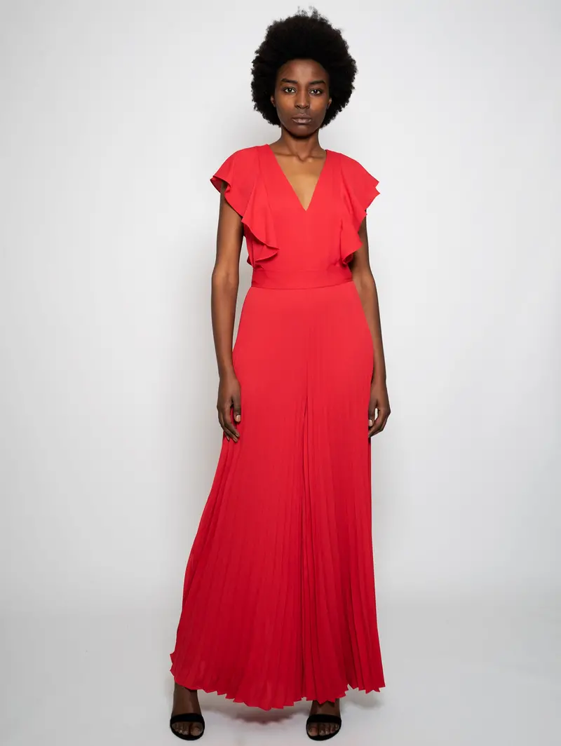 Red Pleated Jumpsuit With V-Neck 1