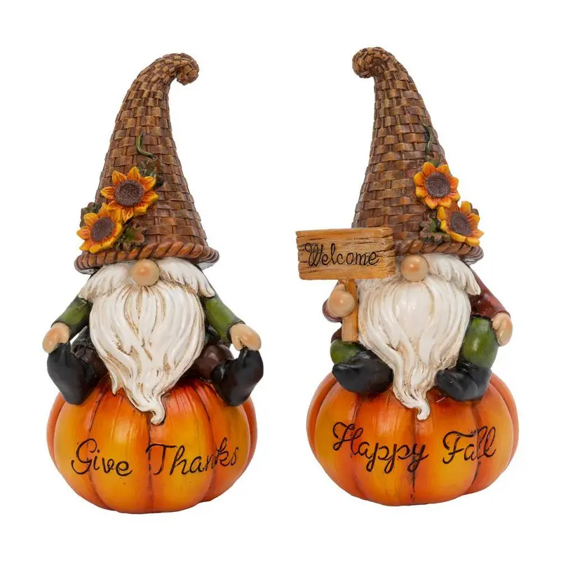 Resin Harvest Gnome Figurines On Pumpkins – 8.8 Inch Set Of 2 1