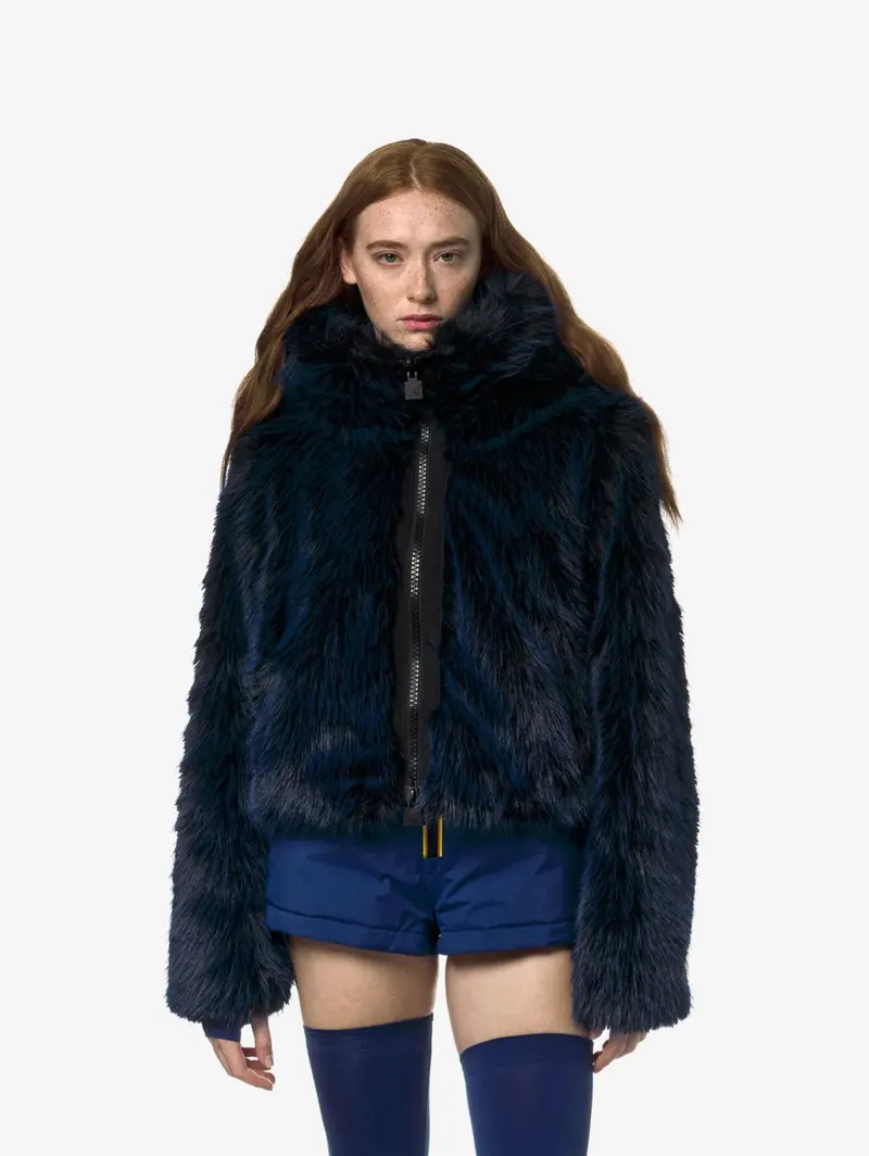 Reversible Short Eco-Fur Jacket In Navy Blue 1