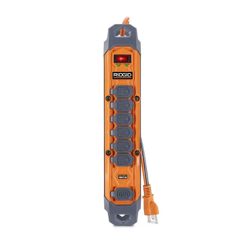Ridgid 8-Foot Surge Protector – 6 Outlets, Dual Usb (2.4A Usb-A + 15W Usb-C), 2100J Rating 1