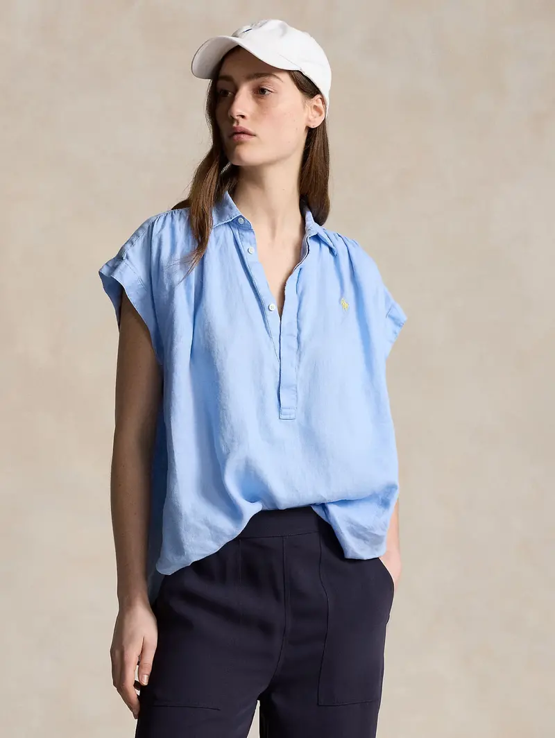 Ruffled Linen Shirt In Navy Blue 1