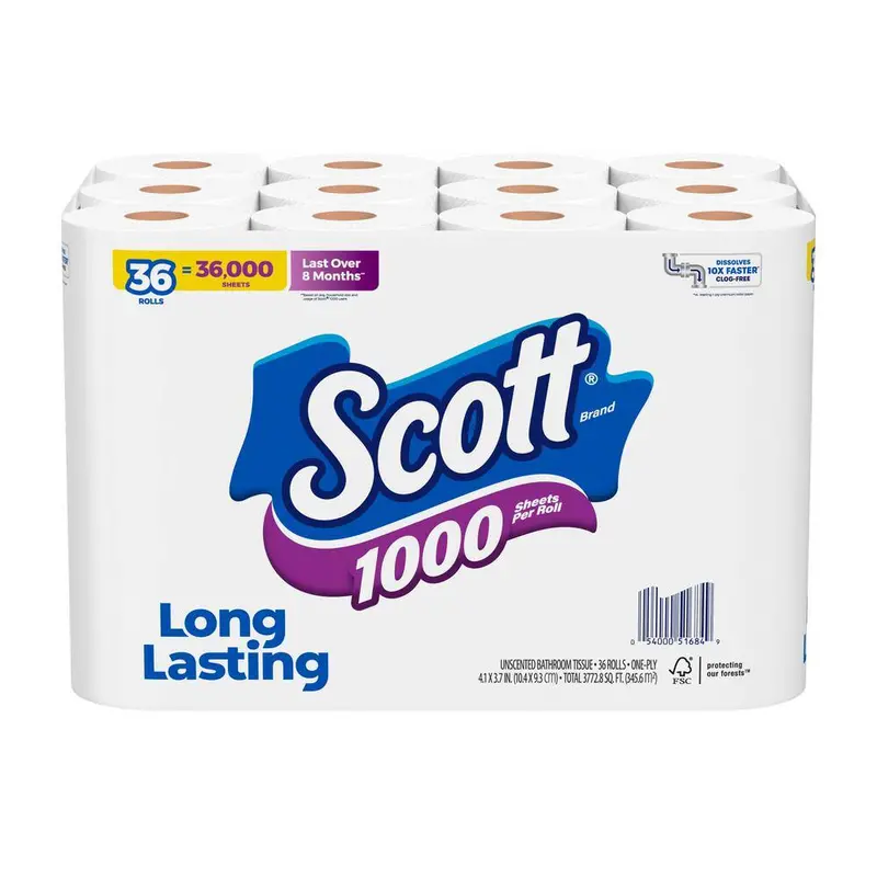 Scott 1-Ply White Toilet Paper – 1000 Sheets Per Roll, 36-Roll Bulk Pack 1