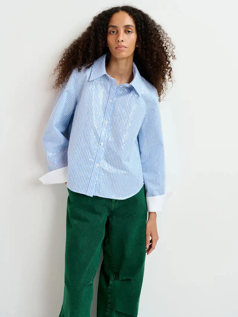 Sequined Stripe Shirt In White And Navy 1