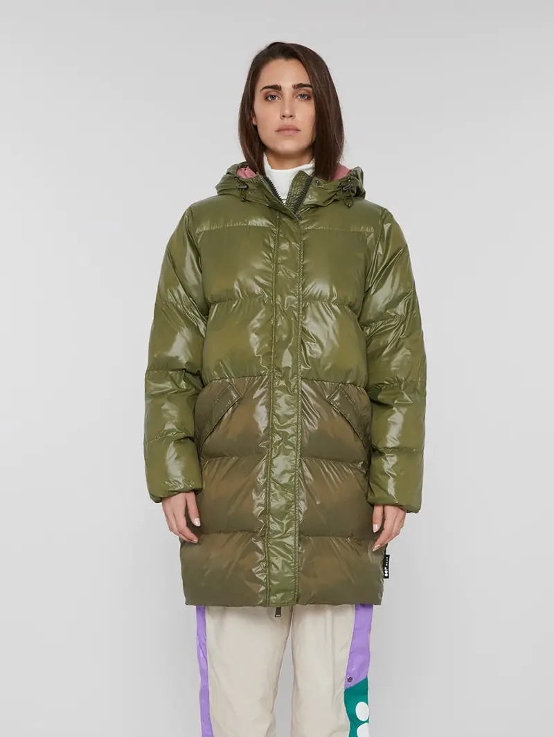 Shiny Two-Tone Down Jacket With Hood In Sage And Olive 1