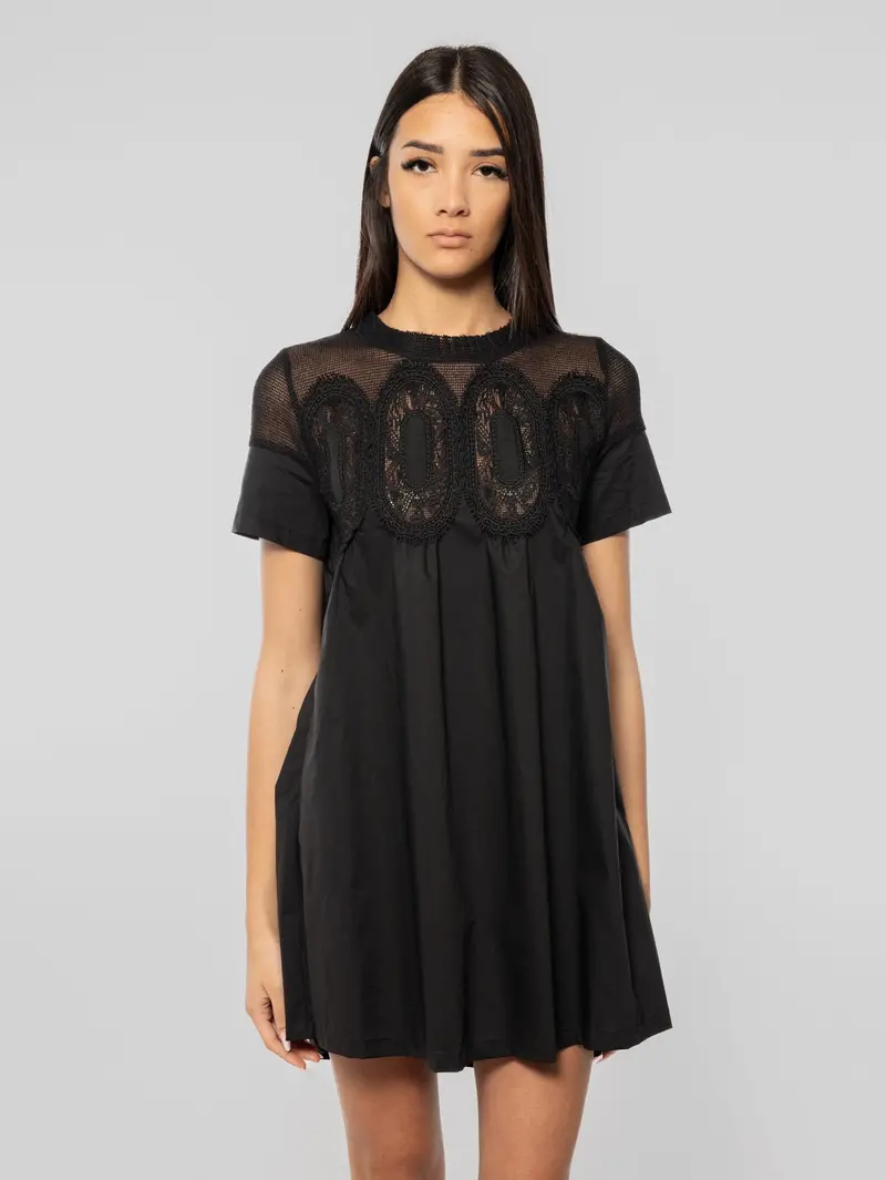 Short Cotton Dress With Black Lace Trim 1