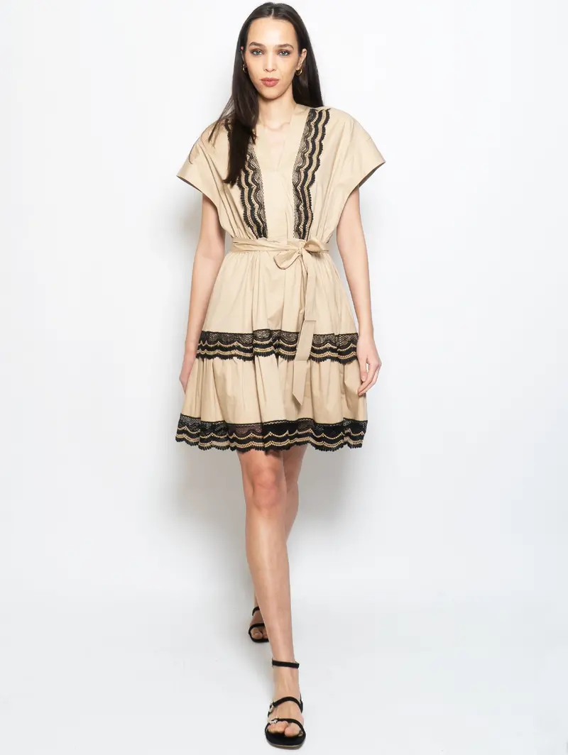 Short Dress With Beige And Black Macramé Lace Trim 1