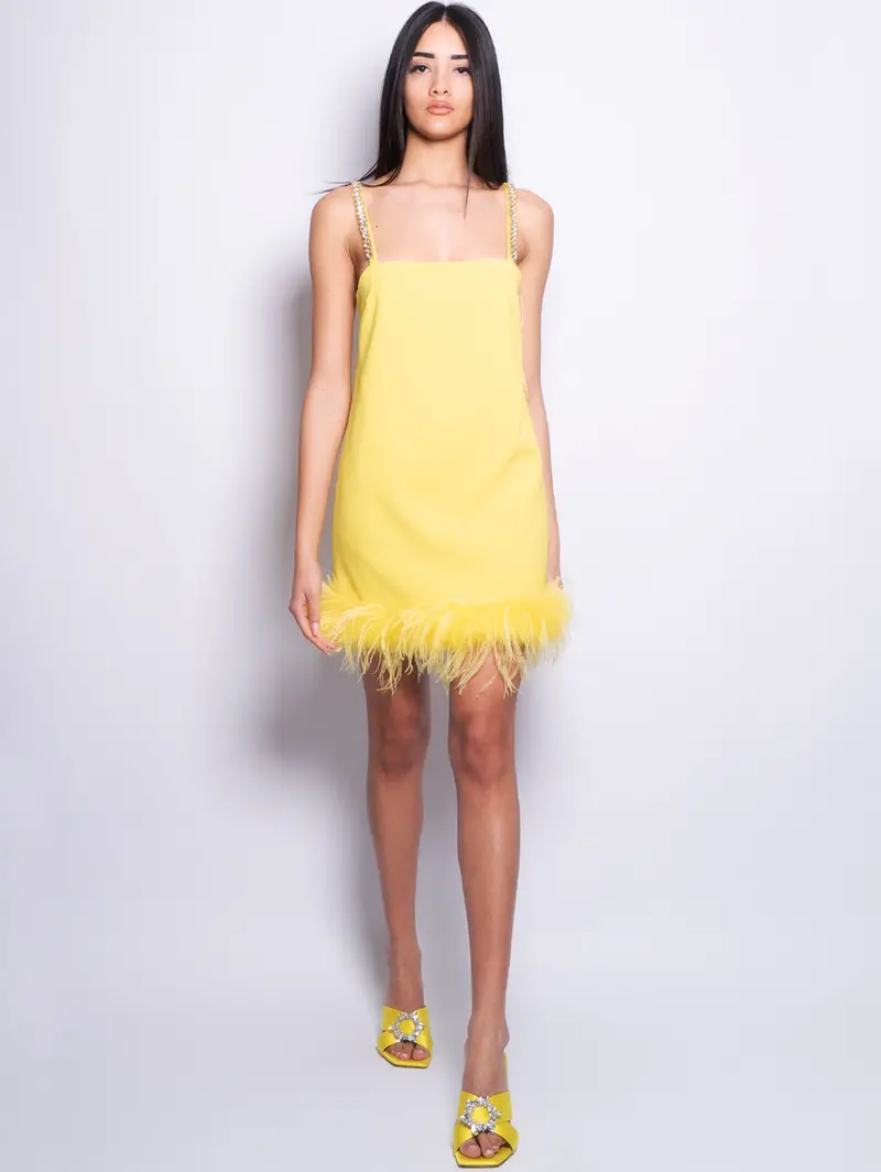 Short Feather-And-Stone Embellished Dress In Yellow 1