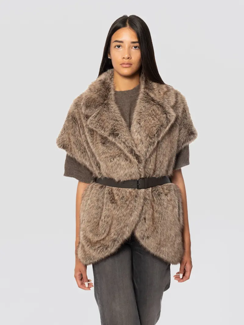 Short Greige Long-Pile Eco-Fur Vest 1