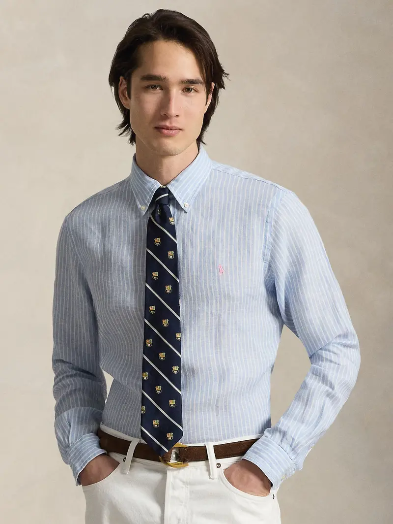 Sky-Blue-And-White Striped Linen Shirt – Custom Fit 1