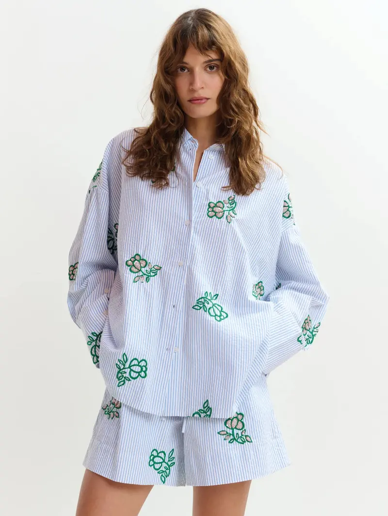Sky-Blue Striped Oversized Shirt With Embroidery 1