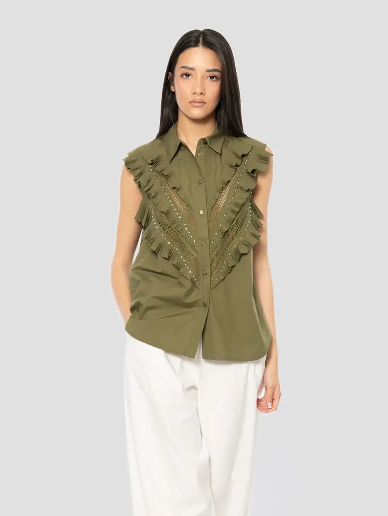 Sleeveless Olive Green Blouse With Lace And Ruffles 1