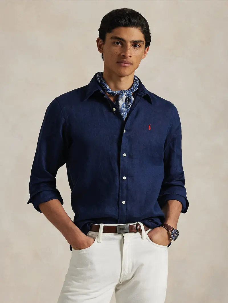 Slim-Fit Blue-And-Pink Linen Shirt 1