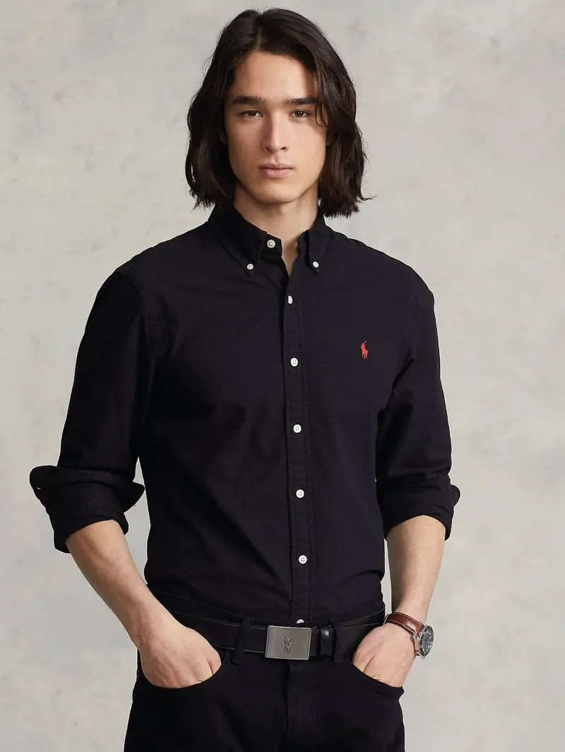 Slim-Fit Solid Black Oxford Shirt 1
